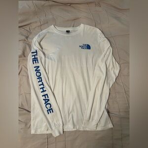 🎉 3/$18 🎉 The North Face White Long Sleeve Tee with Blue Logo & Sleeve Text